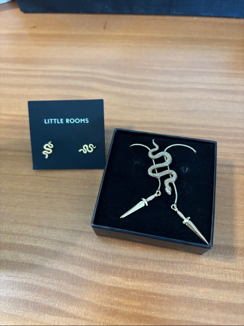 NWT little room gold snake earrings and snake and daggers bolo tie bundle